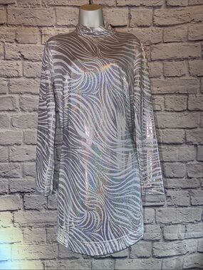 Silver Holographic Long-Sleeve Shift Dress with High Neck NWOT